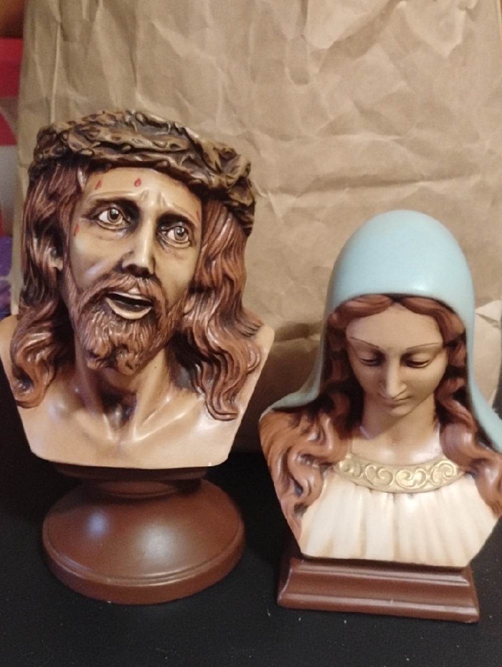 Religious Bust Pair - Jesus and Mary Figurines in Brown and Light Blue